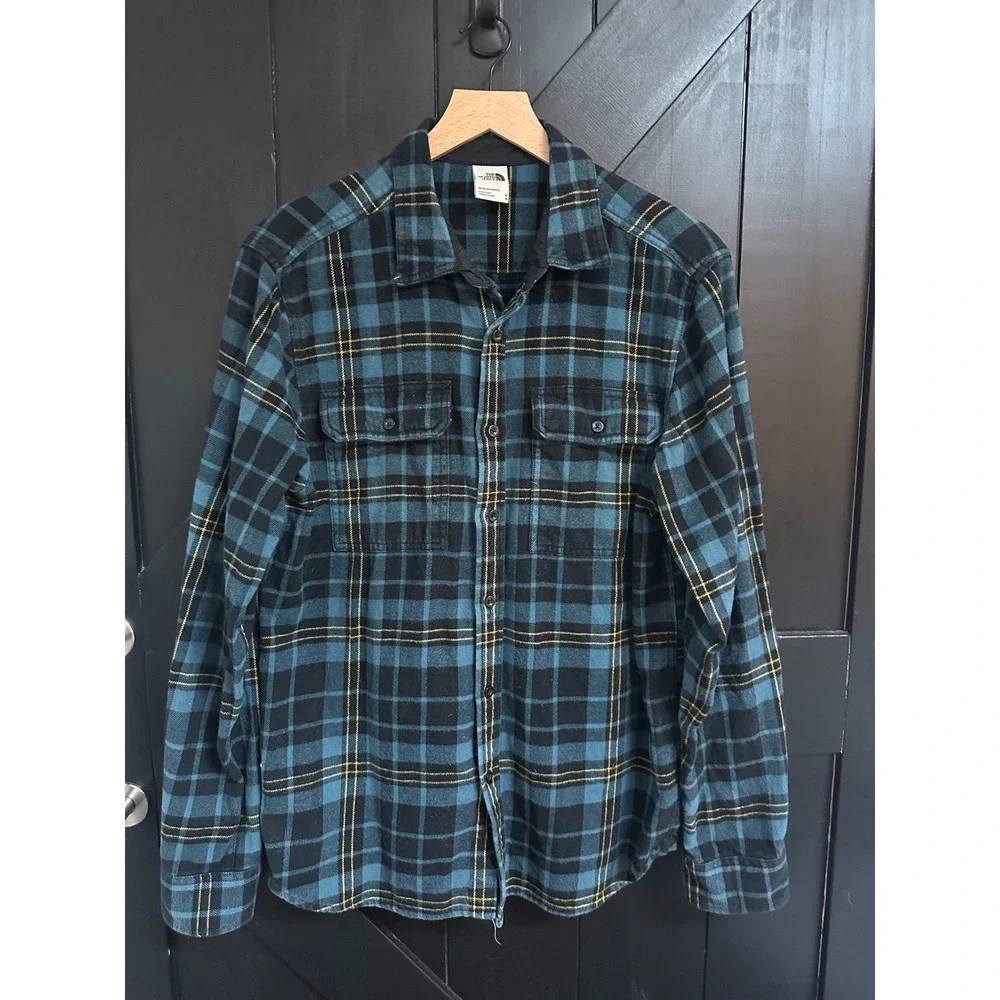 The North Face Mens Plaid Flannel Button Down Shirt Blue Black Medium Gorpcore